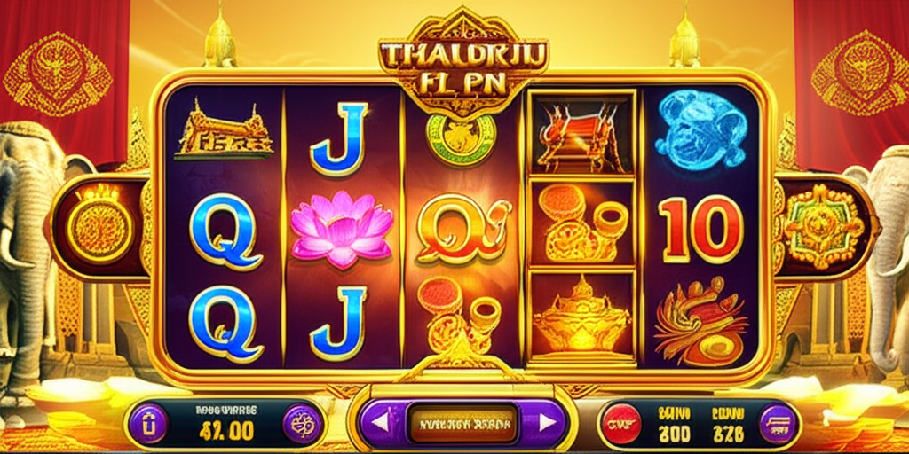 ภาพประกอบเกมสล็อตธีมไทยที่มีสัญลักษณ์ช้างไทย ดอกบัวศักดิ์สิทธิ์ และวัดไทย พร้อมกราฟิกเกมที่สวยงามและบรรยากาศโชคลาภ
