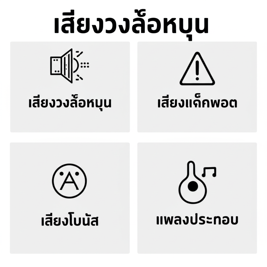 อินโฟกราฟิกแสดงประเภทของเสียงในเกมสล็อต เช่น เสียงหมุนวงล้อ เสียงแจ็คพอต ดนตรีประกอบเกม