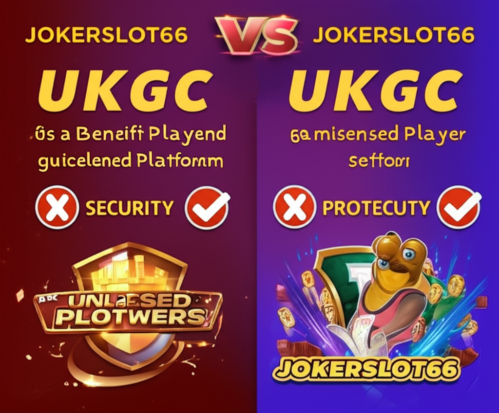อินโฟกราฟิกเปรียบเทียบความปลอดภัยและความน่าเชื่อถือระหว่าง JokerSlot66 ที่ได้รับใบอนุญาต UKGC กับเว็บพนันที่ไม่มีใบอนุญาต