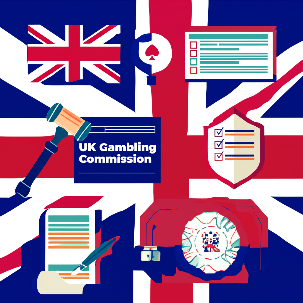 อินโฟกราฟิกแสดงบทบาทและกระบวนการขอใบอนุญาตของ UK Gambling Commission พร้อมมาตรฐานความปลอดภัยสำหรับผู้เล่น