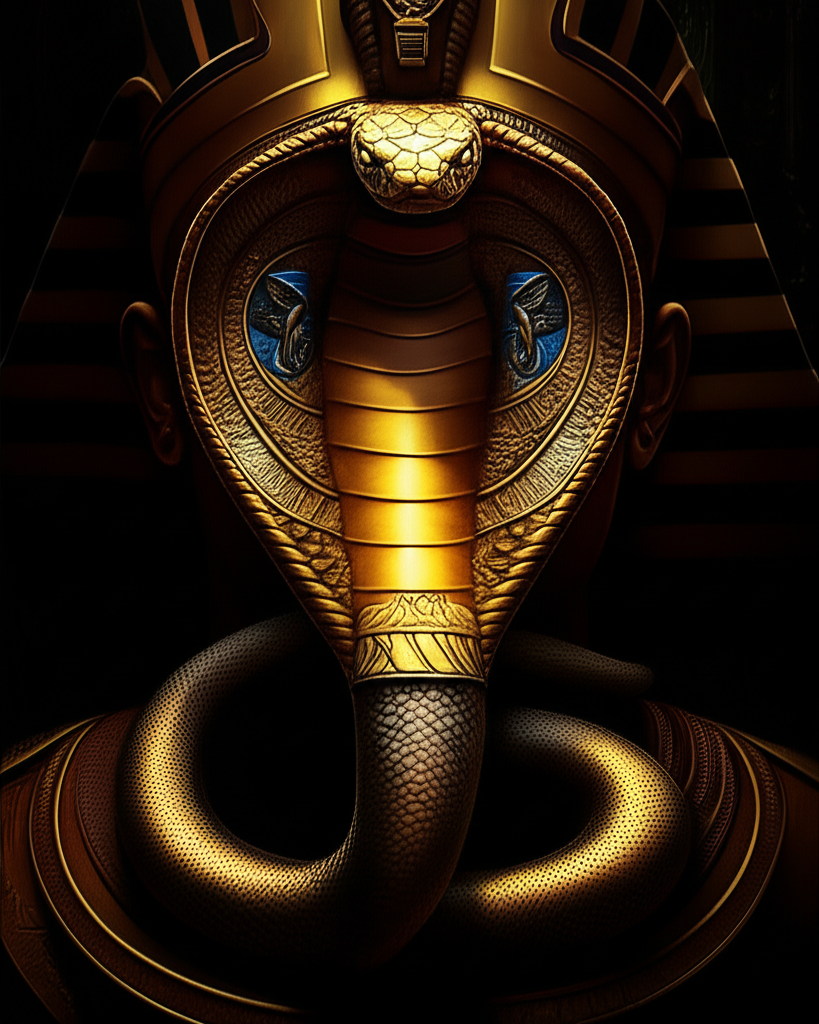 ภาพงูเห่า Uraeus บนมงกุฎฟาโรห์ แสดงถึงอำนาจและการปกป้องในวัฒนธรรมอียิปต์โบราณ