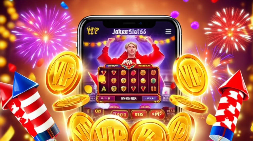 ภาพประกอบโปรแกรมรางวัลเทศกาล VIP JokerSlot66 แสดงผู้เล่นสล็อต VIP กำลังเฉลิมฉลองพร้อมโบนัสพิเศษในเทศกาลสำคัญ