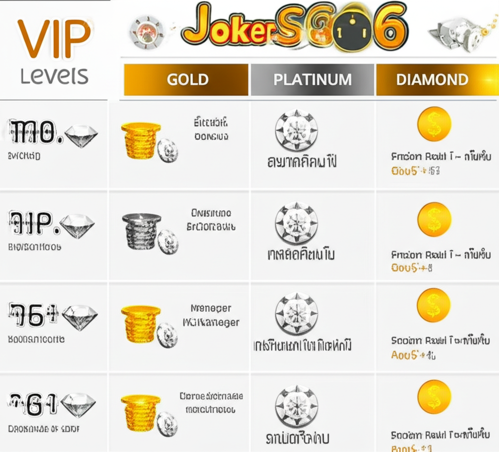 ตารางเปรียบเทียบระดับสมาชิก VIP JokerSlot66 ได้แก่ Gold, Platinum, Diamond พร้อมแสดงสิทธิประโยชน์ เช่น โบนัสเงินคืน การบริการ VIP และขีดจำกัดการถอนเงิน