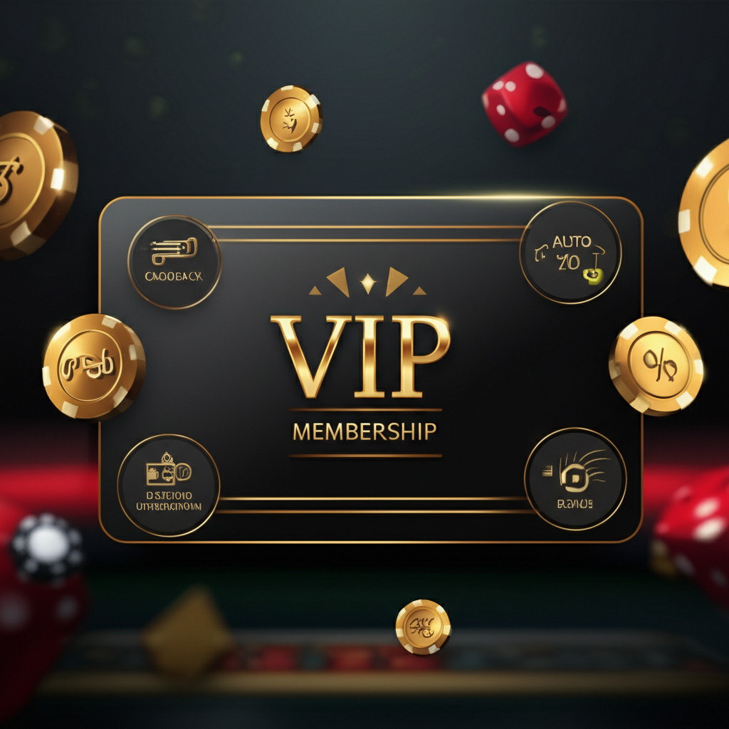 บัตรสมาชิก VIP พร้อมไอคอนแสดงสิทธิประโยชน์ของโปรแกรม VIP เช่น โบนัสคืนเงินและระบบฝาก-ถอนออโต้