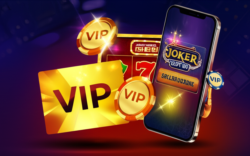 ภาพประกอบโปรแกรม VIP JokerSlot66 แสดงบัตร VIP สีทอง เครื่องสล็อตแจ็คพอต และมือถือที่แสดงโลโก้ JokerSlot66 เพื่อสื่อถึงความพิเศษและสิทธิประโยชน์ของสมาชิก VIP