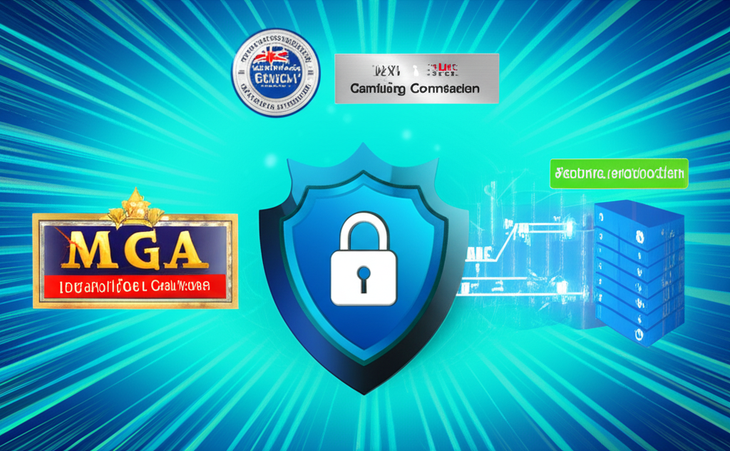 ภาพกราฟิกแสดงใบอนุญาตระดับสากล MGA, UK Gambling Commission พร้อมสัญลักษณ์ความปลอดภัยและการป้องกันข้อมูลสำหรับโปรแกรม VIP JokerSlot66