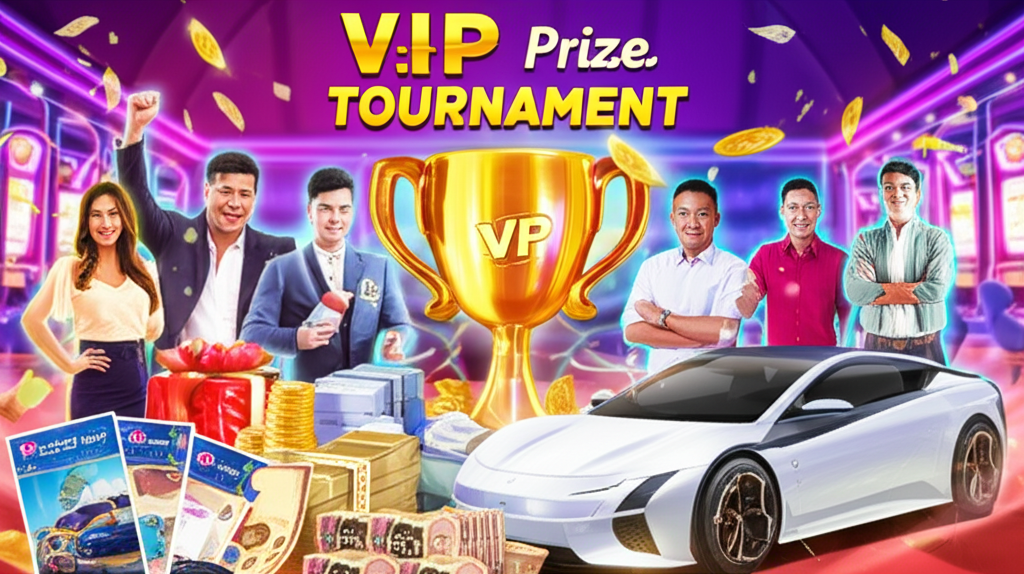 ภาพประกอบงานทัวร์นาเมนต์ VIP สล็อตออนไลน์ที่มีรางวัลใหญ่ มูลค่ากว่าล้านบาท พร้อมผู้เล่นชาวไทยที่มีความสุขและรางวัลสุดหรู
