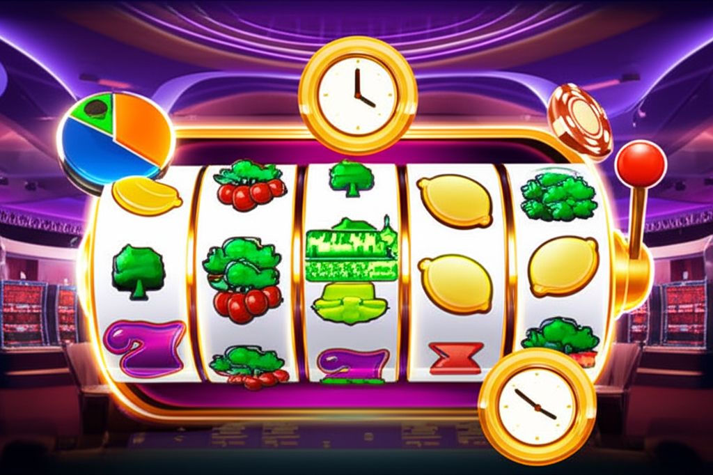 ภาพประกอบเกมสล็อตออนไลน์พร้อมสัญลักษณ์นาฬิกาและกราฟแสดงความผันผวน เพื่อสื่อถึงการจัดการเวลาเล่นและ Volatility ในเกมสล็อต