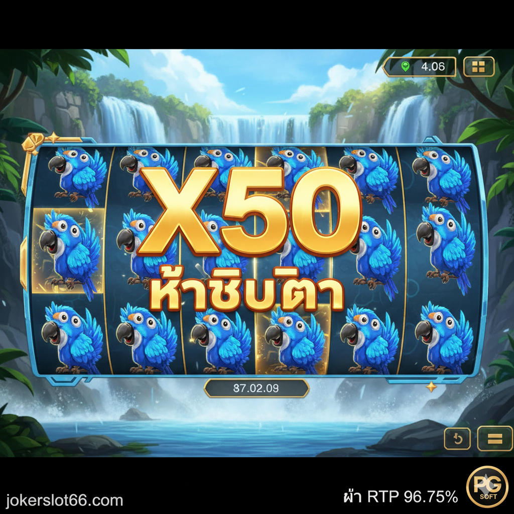 ภาพเน้นฟีเจอร์ Blue Macaw Multiplier ในเกม Wings of Iguazu ที่แสดงตัวคูณ X50 หรือสูงกว่า