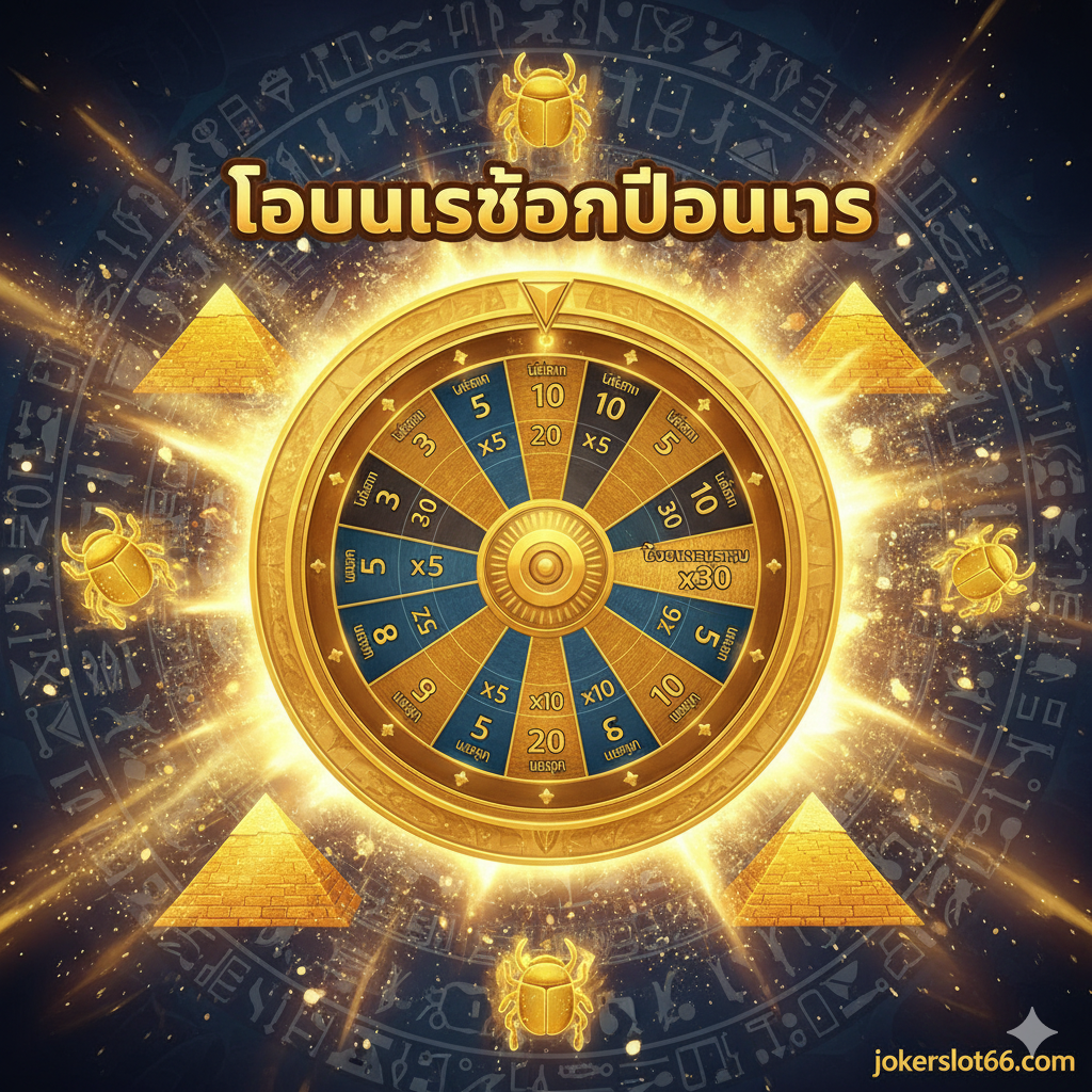 Feature image, focusing on the game's Pyramid Spins and Wheel of the Gods bonus mechanics. The center of the image is a giant, spinning golden “Wheel of the Gods,” labeled with various free spin counts (e.g., 3, 5, 10, 20) and Multipliers (e.g., x2, x5, x10). The background features the game's high-value symbols: the golden Pyramid Scatter and the Scarab Wild symbol, surrounded by explosive golden light and ancient Egyptian hieroglyphs, emphasizing the huge reward potential brought by “โบนัสซ้อนโบนัส” and “ตัวคูณสูงสุด x30.”