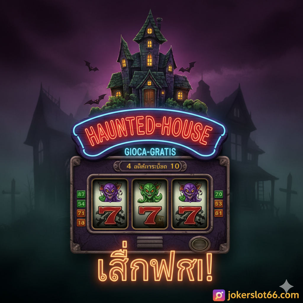 一张引人注目の封面图，主题为经典老式赌场风格的“Haunted House Slot”。主色调为阴森的深紫、墨绿和黑色，带有老旧的褐色调。图片中心是一个带有霓虹灯效果的“Haunted House”标志，下方有闪烁的“Gioca Gratis”字样，并突出显示一个古老的3x3老虎机屏幕，屏幕上显示着幽灵、吸血鬼或蝙蝠等高价值符号。背景是一个破旧且雾气弥漫的哥特式鬼屋剪影。整体风格应是怀旧且带有神秘感，吸引用户点击。