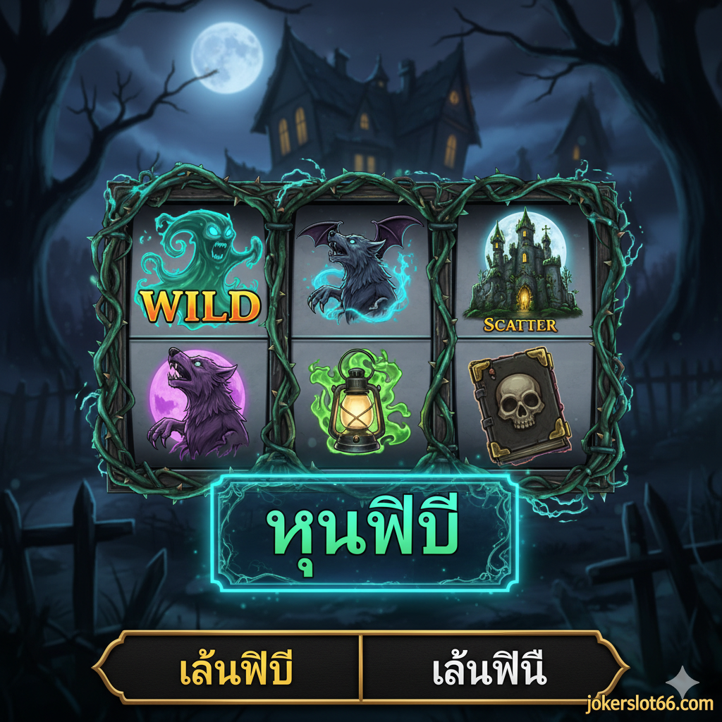 突出展示游戏核心功能和主题符号。画面应聚焦于一个3x3的经典老虎机界面,特写其中的关键符号,例如:一个诡异的Wild符号(可能是幽灵或狼人),一个Scatter符号(可能是古老城堡或棺材),以及一个显示“Free Spins”或“Bonus Round”的提示框。色彩对比鲜명,利用绿色和蓝色冷光突出符号的神秘感。底部放置一个精致的小横幅,用泰语และ意大利语同时标注“Gioca Gratis = เล่นฟรี”。