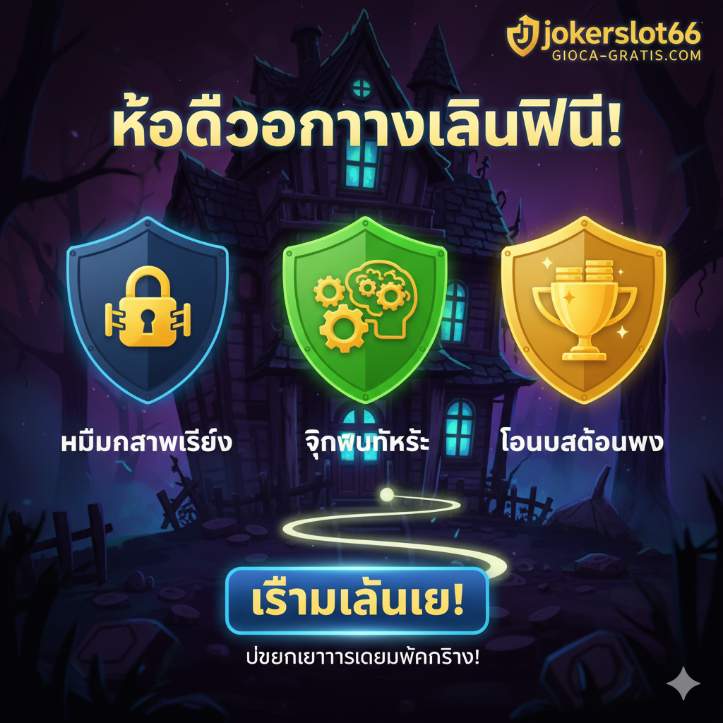强调“Gioca Gratis”带来的优势。画面设计成一个三联画或流程图，用三个气泡或盾牌图标分别代表：“ไม่มีความเสี่ยง (No Risk)”，图标为锁或盾牌；“ฝึกฝนทักษะ (Practice Skill)”，图标为大脑或齿轮；“โบนัสต้อนรับ (Welcome Bonus)”，图标为金币或奖杯。背景可以融入 jokerslot66 的品牌元素，并使用鲜明的对比色来突出这些好处，激励用户从免费模式转向真实投注。