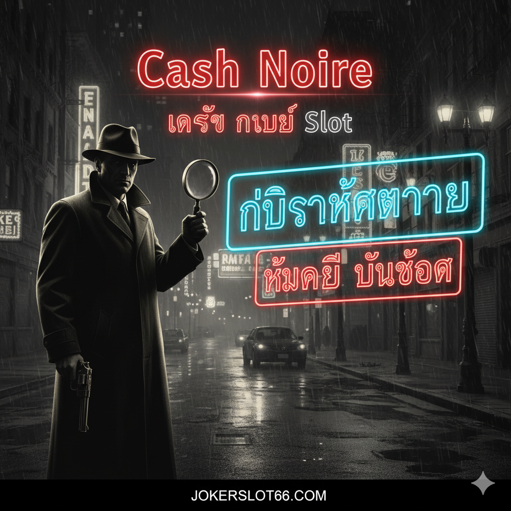 ภาพหน้าปกสไตล์ฟิล์มนัวร์ (Film Noir) และนีออนยุค 40s โทนสีหลักคือขาวดำ/เซเปียเข้ม มีแสงสีแดงและน้ำเงินนีออนเพิ่มเข้ามาเพื่อเน้นความลึกลับ องค์ประกอบหลักคือ โลโก้เกม 'Cash Noire Slot' เด่นชัด, เงาของนักสืบเอกชนสวมหมวกและเสื้อโค้ทกำลังถือปืนหรือแว่นขยาย, พื้นหลังเป็นถนนเมืองในเวลากลางคืนที่มีฝนตกและป้ายนีออนสะท้อนแสง ภาพต้องสื่อถึงการสืบสวนคดีฆาตกรรมและความตื่นเต้นของเกมสล็อต