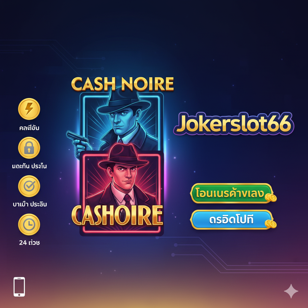 ภาพที่สื่อถึงข้อได้เปรียบของการเล่นบน Jokerslot66 องค์ประกอบหลักคือ ไอคอนสัญลักษณ์ของเกม Cash Noire (เช่น สัญลักษณ์นักสืบหรือผู้ต้องสงสัย) วางคู่กับโลโก้ 'Jokerslot66' หรือป้าย/ไอคอนที่สื่อถึง 'โบนัสต้อนรับ' และ 'เครดิตฟรี' โทนสีสดใสและน่าเชื่อถือมากกว่าภาพเกมหลัก เพื่อดึงดูดผู้เล่นไทย โดยเน้นที่ความรวดเร็ว มั่นคง และการสนับสนุน 24 ชั่วโมง อาจมีภาพไอคอนมือถือเล็กๆ เพื่อสื่อถึงการเล่นบนมือถือได้