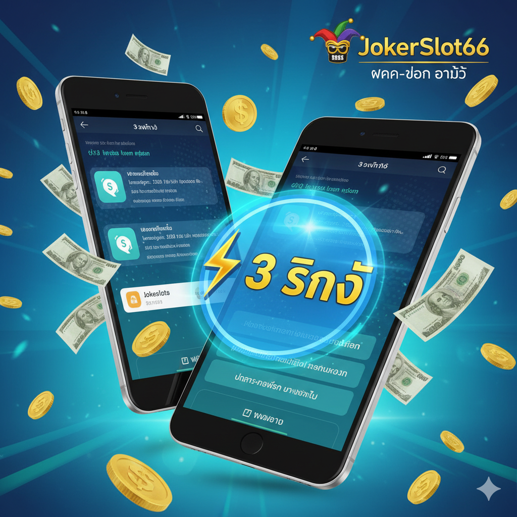 ภาพเน้นฟังก์ชันระบบ 'ฝากถอนออโต้ 3 วินาที' โดยมีมือถือหรือแท็บเล็ตแสดงหน้าจอแอปพลิเคชันธุรกรรมทางการเงิน (True Wallet หรือ Mobile Banking) ที่มีตัวเลข '3s' (3 วินาที) หรือสายฟ้าผ่า (⚡) เป็นจุดศูนย์กลาง สีฟ้าและเขียวสว่างเพื่อสื่อถึงความรวดเร็วและความปลอดภัย มีเหรียญทองและธนบัตรลอยอยู่รอบๆ หน้าจอ เพื่อเชื่อมโยงระบบออโต้เข้ากับการทำเงินที่ง่ายดาย โลโก้ 'JokerSlot66' ต้องปรากฏอย่างชัดเจนในมุมใดมุมหนึ่ง เพื่อยืนยันว่าเป็นฟีเจอร์ของเว็บไซต์