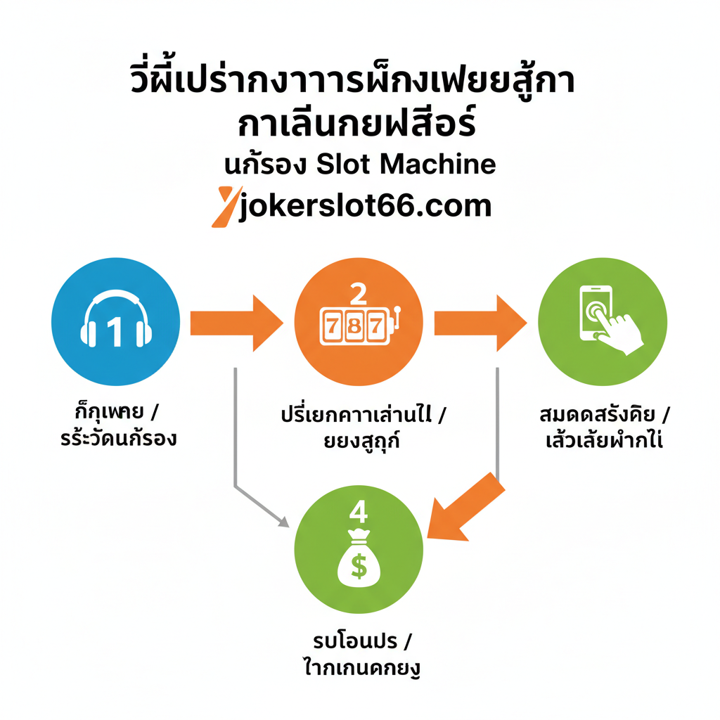 ภาพอินโฟกราฟิกแสดงขั้นตอนง่ายๆ 3-4 ขั้นตอน: 1. ฟังเพลง/รู้จักนักร้อง 2. เปลี่ยนความสนใจไปที่สัญลักษณ์สล็อต 3. สมัครสมาชิก/เริ่มเล่น 4. รับโบนัส/ทำเงิน เพื่อนำทางผู้ใช้เข้าสู่ jokerslot66.com