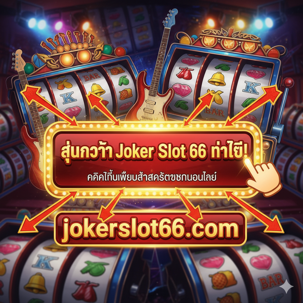 ภาพ Call to Action ขนาดใหญ่และโดดเด่น มีปุ่ม 'คลิกที่นี่เพื่อเล่นสล็อตแมชชีนออนไลน์' หรือ 'สนุกกับ Joker Slot 66 ทันที!' โดยมีองค์ประกอบของดนตรีร็อกและเกมสล็อตแมชชีนผสมผสานกัน เน้นให้องค์ประกอบของเกมสล็อตโดดเด่นกว่า เพื่อกระตุ้นให้ผู้ใช้คลิก