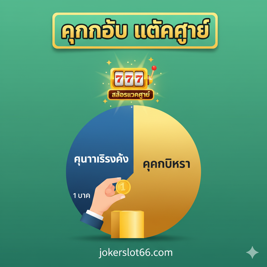ภาพแสดงความได้เปรียบของการเล่นด้วยทุนน้อยแต่โอกาสทำกำไรสูง (Low Risk, High Win) ใช้กราฟแท่งหรือแผนภูมิวงกลมที่แสดงสัดส่วน 'ความเสี่ยงต่ำ' ในส่วนที่เล็กมาก และ 'กำไรสูง' ในส่วนที่ใหญ่และโดดเด่น มีรูปมือถือเหรียญเล็กๆ (1 บาท) วางอยู่บนแท่นที่กำลังยกขึ้นสู่แจ็คพอตขนาดใหญ่ที่ส่องแสง (สัญลักษณ์ Slot Gacor) พื้นหลังสีเขียวเพื่อให้ความรู้สึกของการเติบโตและการลงทุนที่คุ้มค่า มีข้อความ 'ทุนน้อย แตกง่าย' อยู่ด้านบน เพื่อตอกย้ำจุดเด่นของเว็บ jokerslot66