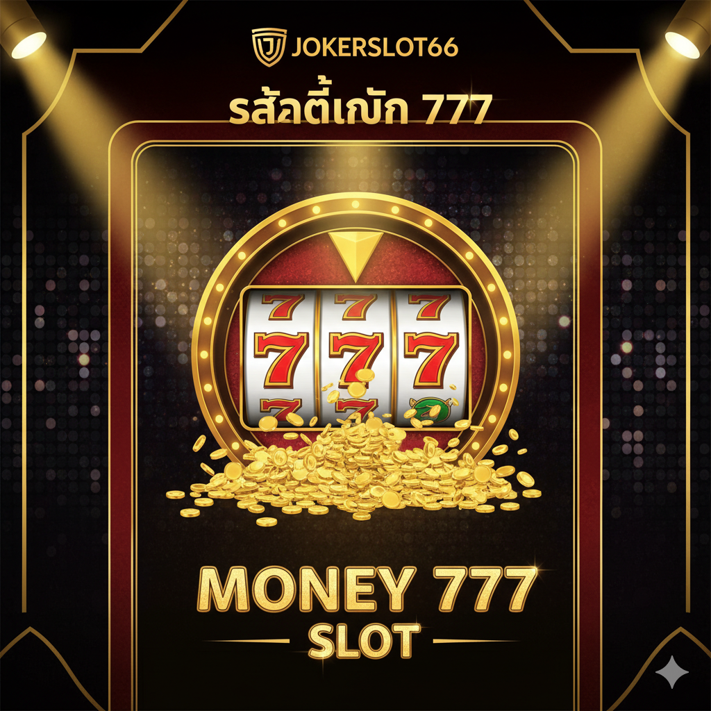 ภาพหน้าปกสล็อตแนวหรูหรา วินเทจ แต่ทันสมัย เน้นโทนสีดำ-ทอง-แดงเข้ม เพื่อให้ดูพรีเมียมและดึงดูดสายตา องค์ประกอบหลักคือวงล้อสล็อตขนาดใหญ่ตรงกลาง แสดงสัญลักษณ์ '777' สีทองสว่างที่กำลังถูกล้อมรอบด้วยเหรียญทองจำนวนมากที่พวยพุ่งออกมาจากด้านล่างของวงล้อ มีแสงสปอตไลท์สีทองสาดส่องลงมา ด้านหลังเป็นพื้นผิวที่มีประกายระยิบระยับแบบไนต์คลับหรือเวกัส พร้อมโลโก้ของ Jokerslot66 และข้อความ 'Money 777 Slot' ที่เป็นประกาย ทำให้รู้สึกถึงชัยชนะและเงินจริง
