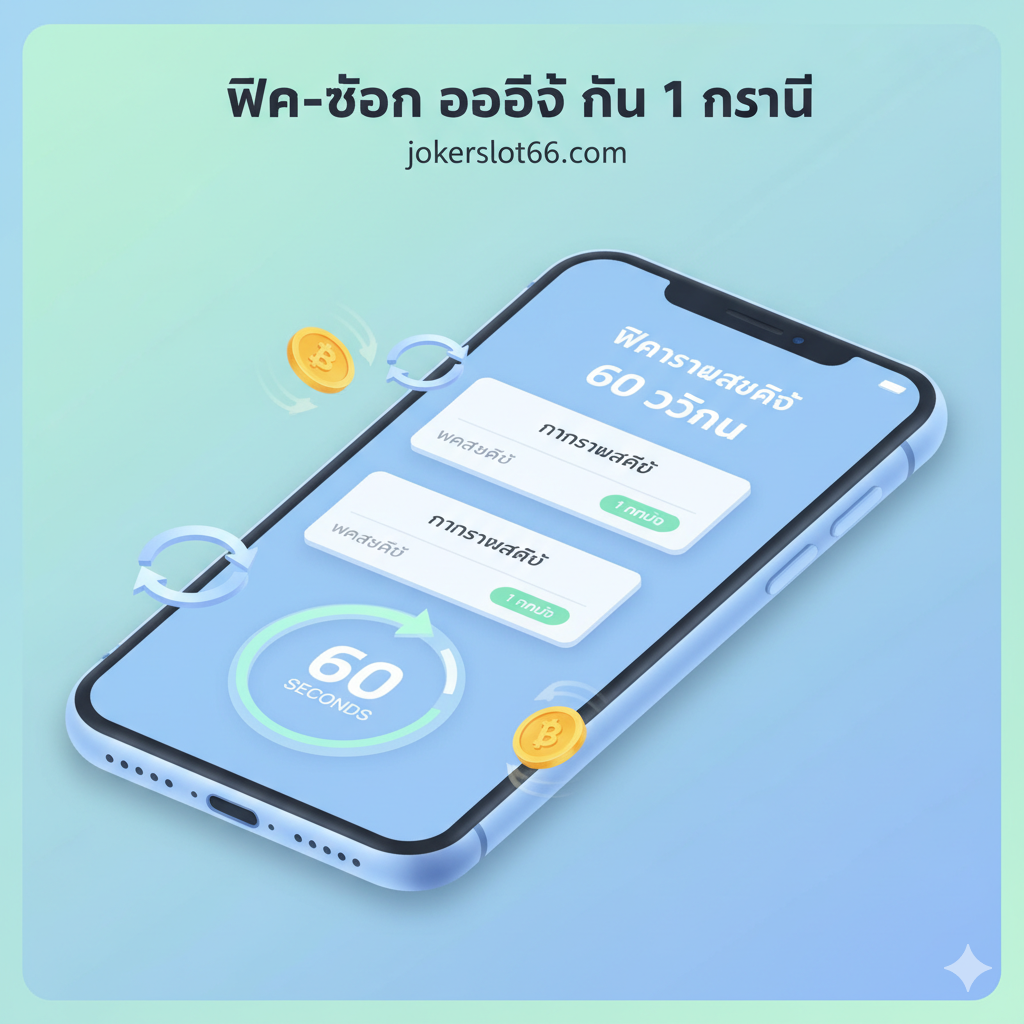 ภาพเน้นคุณสมบัติเด่น 'ฝาก-ถอน ออโต้ ใน 1 นาที' ใช้โทนสีน้ำเงิน/ฟ้าอ่อนและเขียวมิ้นท์ที่ให้ความรู้สึกถึงความรวดเร็วและเทคโนโลยี องค์ประกอบหลักคือหน้าจอสมาร์ทโฟน 3 มิติขนาดใหญ่ แสดงหน้าต่างการทำธุรกรรม 'ฝากสำเร็จ' และ 'ถอนสำเร็จ' โดยมีเข็มนาฬิกาหรือตัวจับเวลา (Timer) แสดงตัวเลข '60 วินาที' หรือ '1 นาที' อย่างชัดเจน มีไอคอนลูกศรหมุนวน (Auto/Cycle) และสัญลักษณ์สกุลเงินบาท (฿) หรือเหรียญทองที่พุ่งเข้าออกโทรศัพท์อย่างรวดเร็วเพื่อสื่อถึงระบบอัตโนมัติที่ราบรื่น ไม่มีสะดุด