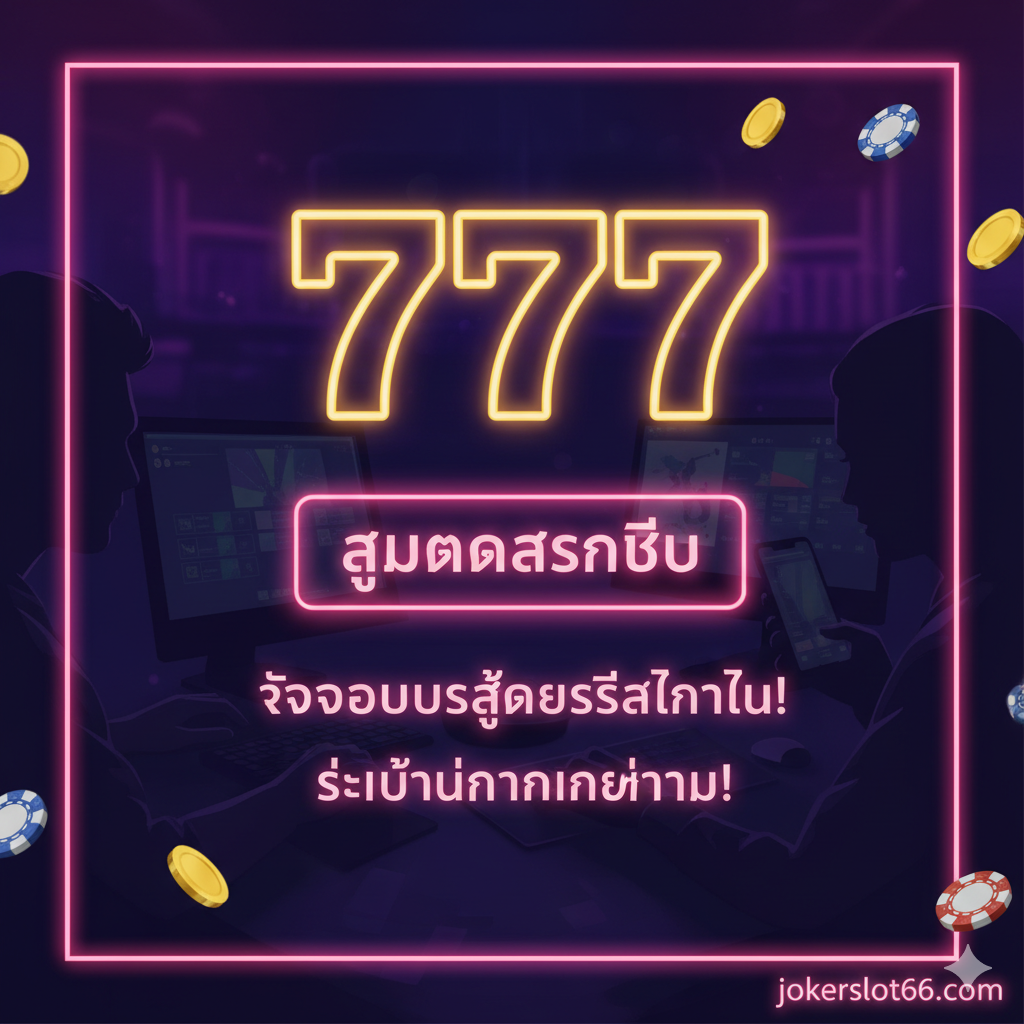 ภาพสรุปและกระตุ้นการสมัครสมาชิก (CTA) ใช้โทนสีม่วง/น้ำเงินเข้มผสมกับแสงนีออนสีชมพู/ทองเพื่อสร้างบรรยากาศที่น่าตื่นเต้นเหมือนลาสเวกัส องค์ประกอบหลักคือปุ่ม 'สมัครสมาชิก' ขนาดใหญ่อยู่ตรงกลางที่มีแสงสว่างจ้า ด้านบนเป็นตัวเลข '777' ขนาดใหญ่แบบนีออน มีข้อความ 'รับโบนัสสุดพิเศษทันที' หรือ 'เริ่มต้นทำเงินตอนนี้!' ด้านล่าง มีเงาผู้เล่นกำลังใช้คอมพิวเตอร์หรือโทรศัพท์อยู่ด้านหลัง พร้อมเหรียญทองและชิปคาสิโนที่กำลังตกลงมาเล็กน้อยรอบๆ กรอบ ให้ความรู้สึกถึงโอกาสที่กำลังจะมาถึง