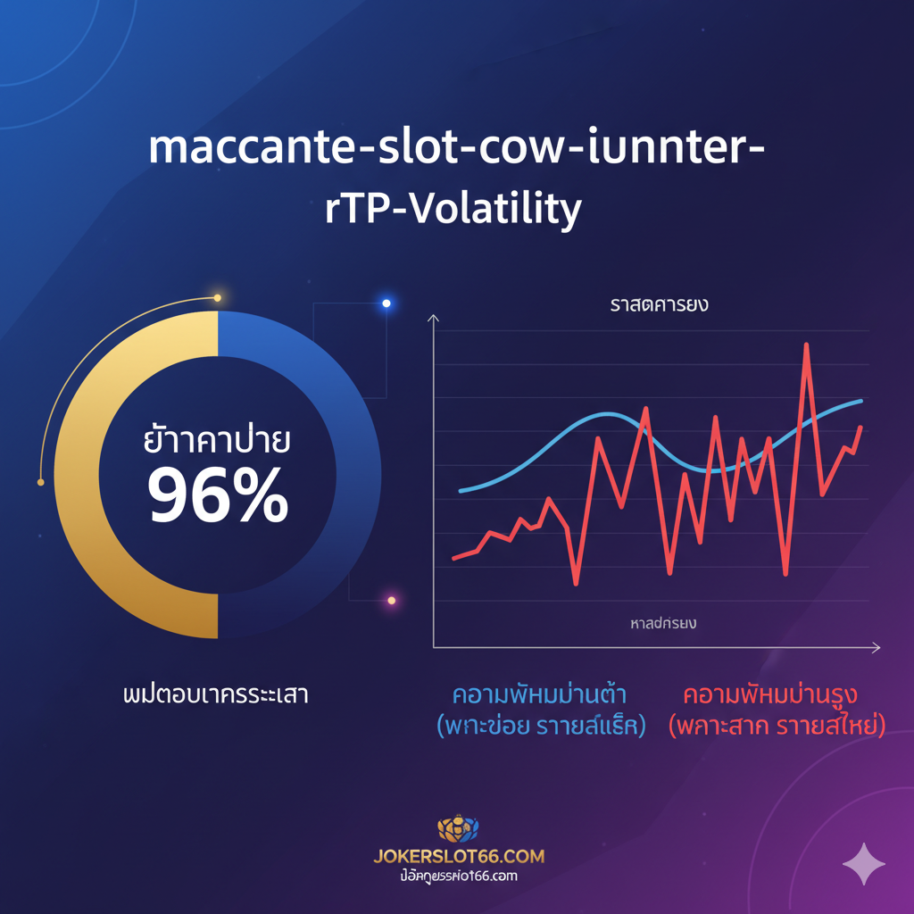 หนึ่งในสี่ภาพ: macchinette-slot-come-vincere-rtp-volatility.jpg - 功能图用于解释RTP和波动性（Volatility）的概念。画面以图表和数据可视化风格为主。左侧是一个饼图或百分比数字，清晰标示“RTP 96%”，代表长期回报；右侧是一个起伏的波浪线或曲线图，分别用不同颜色（例如：蓝色低波动，红色高波动）标注“Low Volatility (Frequent Small Wins)” 和 “High Volatility (Rare Big Wins)”。整体风格简洁、数据化、专业，使用Jokerslot66.com网站的主题色，强调知识和策略。