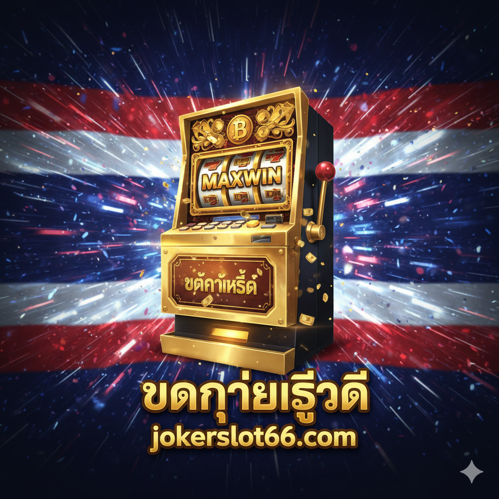 一张引人注目的封面图，主题为'Slot Server Thailand Super Gacor'。主视觉应是一个巨大的、金光闪閃的老虎机或老虎机屏幕，屏幕上显示着'MAXWIN'和泰铢符号。背景是泰国国旗的红白蓝三色光芒，以动态、高科技的光线和粒子效果呈现。突出显示'jokerslot66.com'的Logo或名称，并在显著位置用粗体泰语写上'แตกง่ายที่สุด'（最容易爆奖）。整体风格应是奢华、高能量、充满赢钱氛围，使用深金色、红色和电光蓝作为主要配色，构图上应让老虎机占据中心，背景光芒向四周散射。