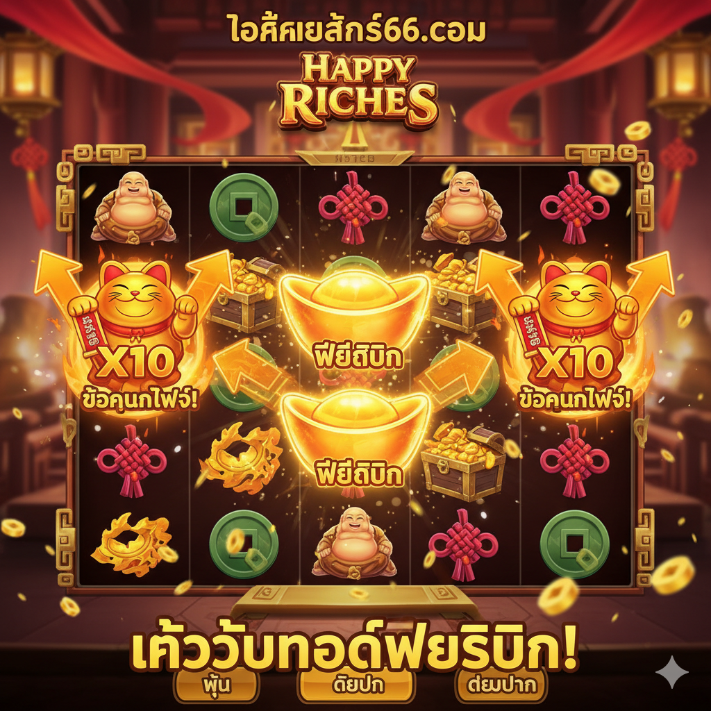 展示Happy Riches Slot核心功能(Wild和Scatter)的截图或概念图。ภาพควรชัดเจนแสดงหน้าจอเกม 5x3 ที่กำลังหมุนหรือถูกกระตุ้น โดยเน้นที่คำว่า 'FREE SPINS' หรือสัญลักษณ์ Wild ที่มีตัวคูณขนาดใหญ่ (เช่น X5, X10) สีสันควรตัดกัน โดยสัญลักษณ์ Wild และ Scatter ควรถูกเน้นด้วยแสงเรืองรองเพิ่มเติมหรือลูกศร เพื่ออธิบายถึงผลตอบแทนที่สูง ภาพรวมควรสร้างความตื่นเต้น ความตึงเครียด และความคาดหวังว่ารางวัลใหญ่กำลังจะมาถึง