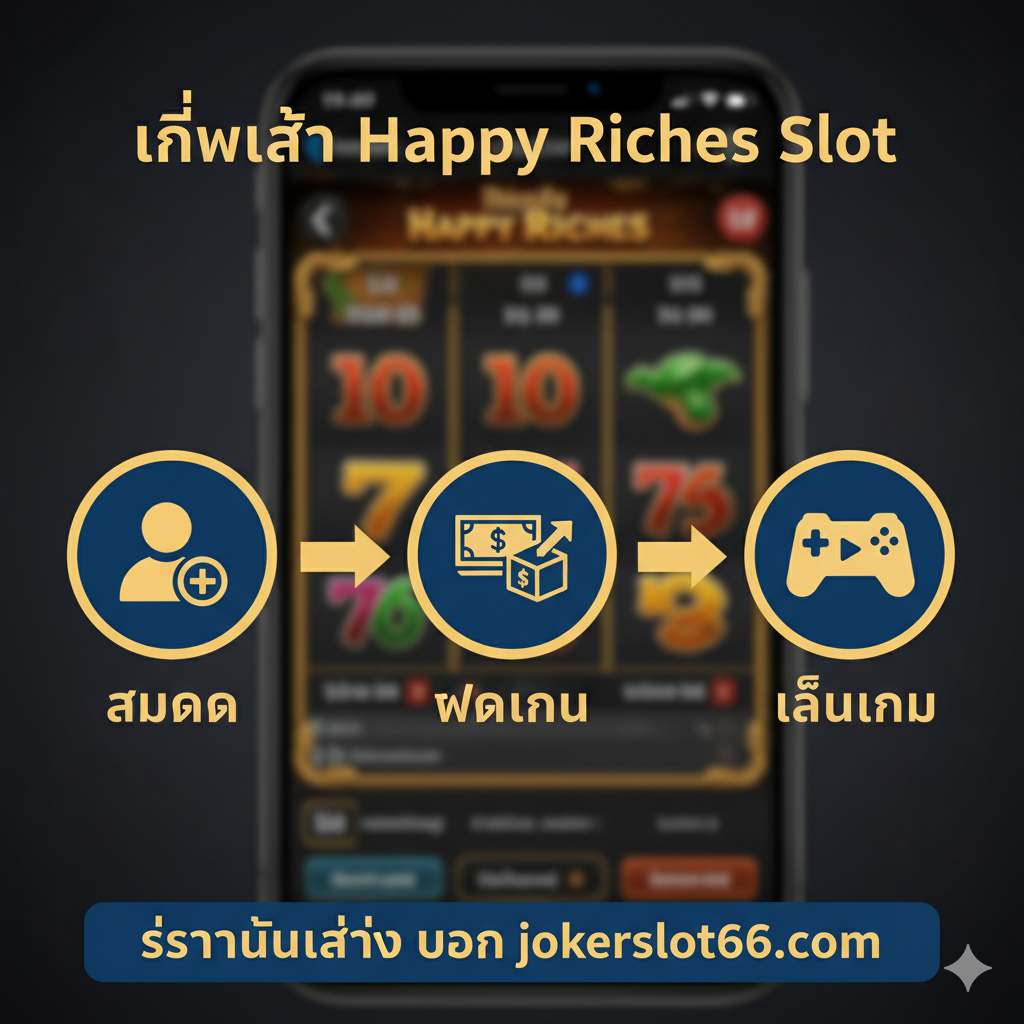 一张简洁明了的Happy Riches Slot教程图，用以指导用户注册和开始游戏。图片设计成信息图表风格，将'สมัคร' (注册)、'ฝากเงิน' (存款)、'เล่นเกม' (玩游戏) 三个步骤用大图标和箭头连接起来。色彩使用jokerslot66可能偏好的蓝、金或红色。背景可以是模糊化的手机界面，暗示操作的便捷性。图片底部可以有'เริ่มต้นง่ายๆ บน jokerslot66'的标语。