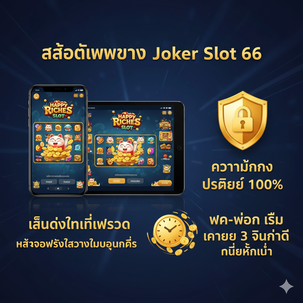 强调'เว็บตรง' (เว็บตรง) 和'ฝากถอนไม่มีขั้นต่ำ' (ฝากถอนไม่มีขั้นต่ำ) 优势的宣传图。画面可以是一个手机和平板电脑并列的画面,屏幕上显示着Happy Riches Slot游戏界面,突出“随时随地”和“响应式设计”的优势。旁边配上金色的盾牌或锁头图标,象征'ความมั่นคง' (安全/稳定),以及一个金币流出或快速转动的时钟,象征'ฝาก-ถอน เร็ว 3 วินาที'。整体视觉应给人以专业、可靠和快速的感觉。