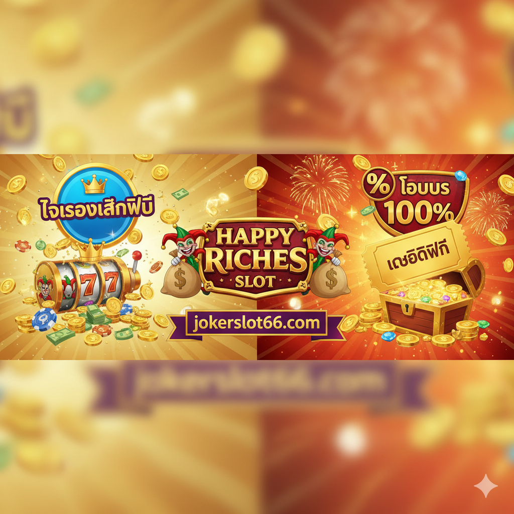 一张总结性的促销和体验图,结合'ทดลองเล่นฟรี' (ทดลองเล่นฟรี) 和 'เครดิตฟรี' (เครดิตฟรี) 优惠。图片主体是一个大大的'FREE'或'ทดลองเล่น'徽章,旁边堆满了虚拟筹码หรือ金币。底部应有'jokerslot66'的官方Logo或网址。构图采用对比方式,将'ทดลองเล่นฟรี'放在左边,将'โบนัส 100%'放在右边,引导用户先试玩再享受优惠,色彩鲜艳,具有很强的号召力。
