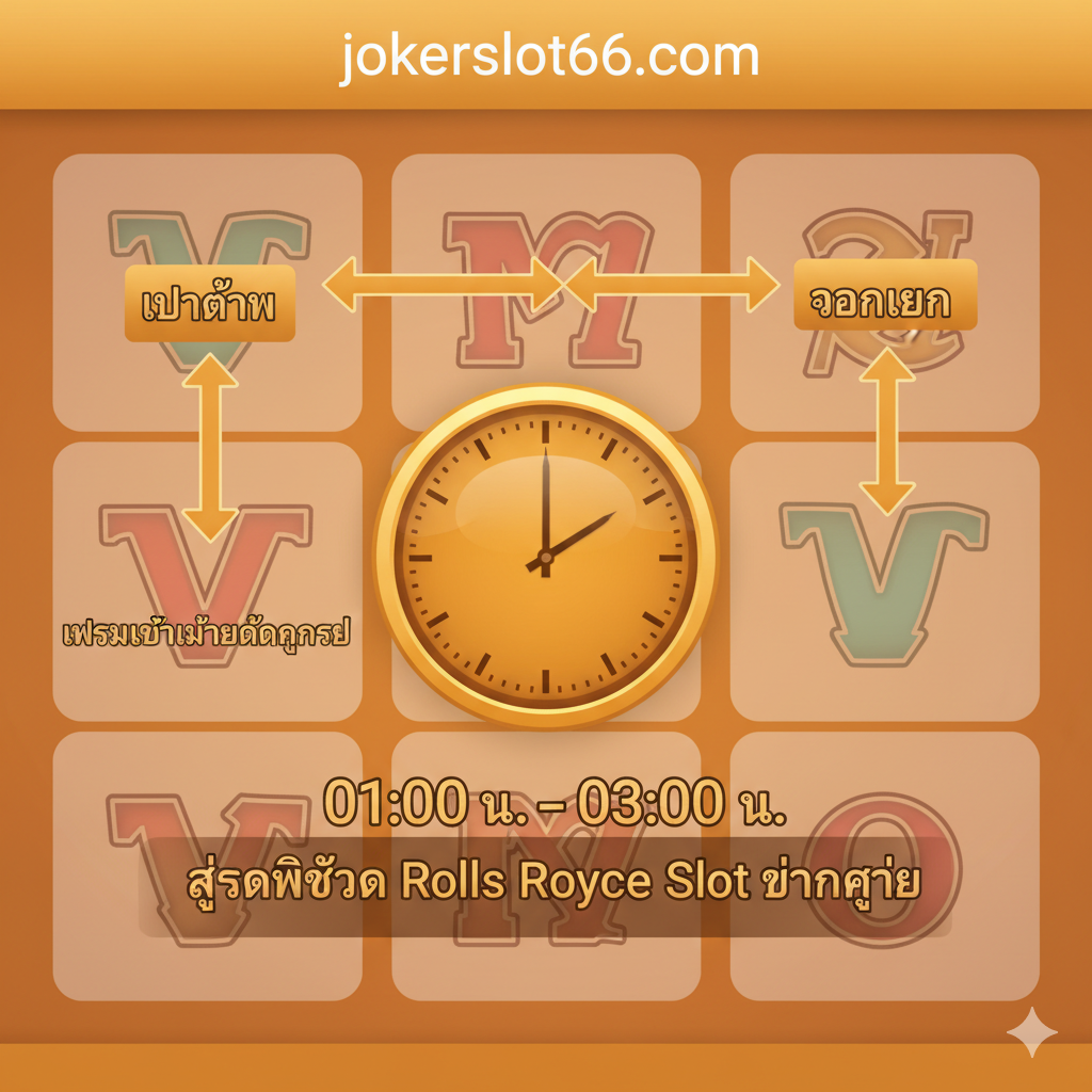 ภาพแนวอินโฟกราฟิก แสดงแผนผังกลยุทธ์การเล่น Rolls Royce Slot โทนสีส้มทองอบอุ่น บนพื้นหลังเป็นรูปแบบ 5x3 ของวงล้อสล็อตแบบโปร่งใส มีลูกศรแสดงทิศทางการเดินเงินจาก 'เบทต่ำ' ไป 'เพิ่มเบทเมื่อได้กำไร' และสิ้นสุดที่ 'ถอนเงิน' โดยมีนาฬิกาขนาดใหญ่แสดงช่วง '01:00 น. – 03:00 น.' เป็นสัญลักษณ์ของช่วงเวลาทอง ประกอบข้อความสั้นๆ เป็นภาษาไทยว่า "สูตรพิชิต Rolls Royce Slot แตกง่าย"