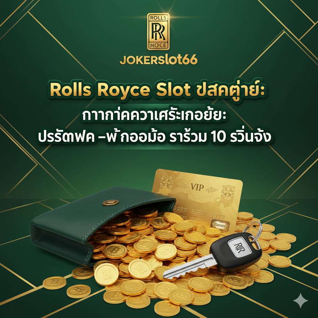 ภาพที่เน้นความน่าเชื่อถือและข้อได้เปรียบของการเล่นที่ Jokerslot66 โทนสีเขียวมรกตตัดกับทอง แสดงกองเหรียญทองคำจำนวนมากที่ล้นออกมาจากกระเป๋าเงิน มีรูปกุญแจรถ Rolls Royce และบัตร VIP วางอยู่ด้านบนสุด พร้อมโลโก้ Jokerslot66 มีข้อความไฮไลท์: "Rolls Royce Slot แตกง่าย: การันตีความปลอดภัยและระบบฝาก-ถอนออโต้ รวดเร็ว 10 วินาที" สื่อถึงความมั่นคงและความรวดเร็วของการบริการ