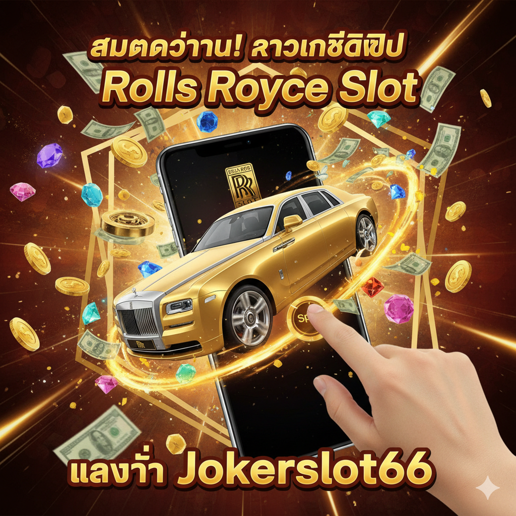 ภาพสรุปและกระตุ้นการตัดสินใจ (Call to Action) สไตล์ไดนามิก โทนสีทองเจิดจ้าและสีแดงเข้ม แสดงภาพมือที่กำลังกดปุ่ม 'Spin' บนหน้าจอมือถือ โดยมีฉากหลังเป็นกองเงินสดและเพชรที่ระเบิดออกมาอย่างยิ่งใหญ่ พร้อมป้ายข้อความขนาดใหญ่ในภาษาไทยว่า "สมัครวันนี้! รับเครดิตฟรี Rolls Royce Slot เล่นที่ Jokerslot66" เน้นความเร่งด่วนและผลตอบแทนสูงดึงดูดนักเดิมพัน