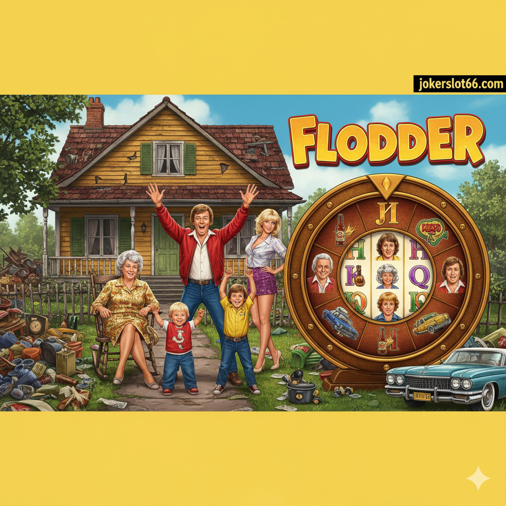 ภาพโปสเตอร์เกมสล็อต Flodder สไตล์ย้อนยุคแต่มีชีวิตชีวา เน้นตัวละครหลักของครอบครัว Flodder ยืนอยู่หน้าบ้านโทรม ๆ และมีวงล้อสล็อตปรากฏอยู่ด้านข้างอย่างชัดเจน ใช้สีสันสดใสแบบหนังตลกคลาสสิก (เหลือง, แดง, น้ำเงิน) มีโลโก้ jokerslot66.com ขนาดเล็กแต่เด่นชัดอยู่มุมบน เพื่อบ่งบอกถึงสถานที่เล่น สร้างความรู้สึกสนุกสนานและโกลาหลแบบคลาสสิก ดึงดูดสายตาให้คลิกอ่านอย่างรวดเร็ว