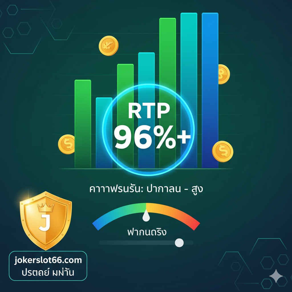ภาพเปรียบเทียบเชิงสถิติที่น่าเชื่อถือ เน้นตัวเลข RTP 96%+ ด้วยกราฟแท่งหรือมาตรวัดขนาดใหญ่ พร้อมกับคำว่า 'Medium-High Volatility' แสดงถึงความผันผวนปานกลางถึงสูง ใช้โทนสีเขียว/น้ำเงินที่สื่อถึงความยุติธรรมและความน่าเชื่อถือ มีไอคอนโล่ความปลอดภัยหรือสัญลักษณ์ของ jokerslot66.com ร่วมด้วย เพื่อเน้นย้ำว่าการลงทุนนี้คุ้มค่าและปลอดภัย เป็นภาพที่ให้ข้อมูลเชิงลึกสำหรับนักเดิมพันมืออาชีพ