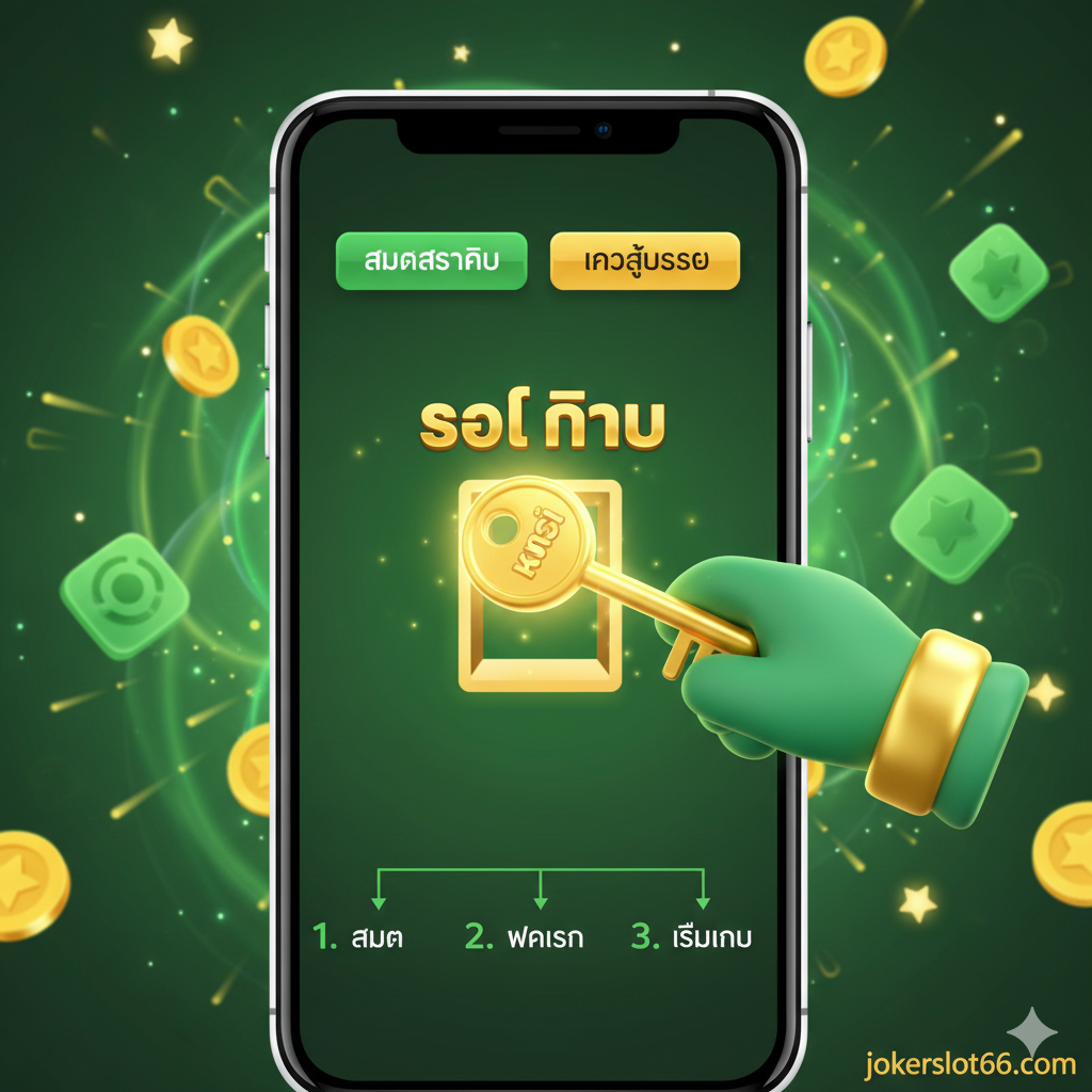 ภาพประกอบควรแสดงจากมุมมองของผู้ใช้มือถือโดยมีกุญแจเรืองแสง (Kunci) ชี้ไปที่ปุ่ม 'ลงทะเบียน' และ 'เข้าสู่ระบบ' บนหน้าจอโทรศัพท์ (Slot Pintu) เพื่อเน้นการเข้าถึงที่ง่ายและรวดเร็ว