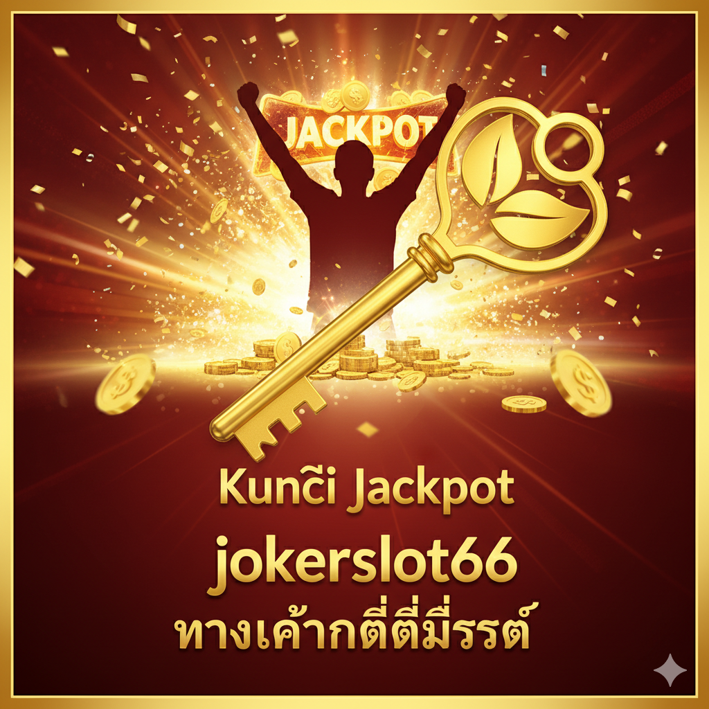 ภาพประกอบที่เป็นฉากชัยชนะ โดยมีกุญแจขนาดยักษ์ (Kunci Jackpot) ที่มีฟันเป็นสัญลักษณ์ '2 Daun' อยู่ตรงกลาง ผู้เล่นกำลังฉลองชัยชนะ ท่ามกลางภาพแจ็คพอตและข้อความ 'jokerslot66 ทางเข้าที่ดีที่สุด'