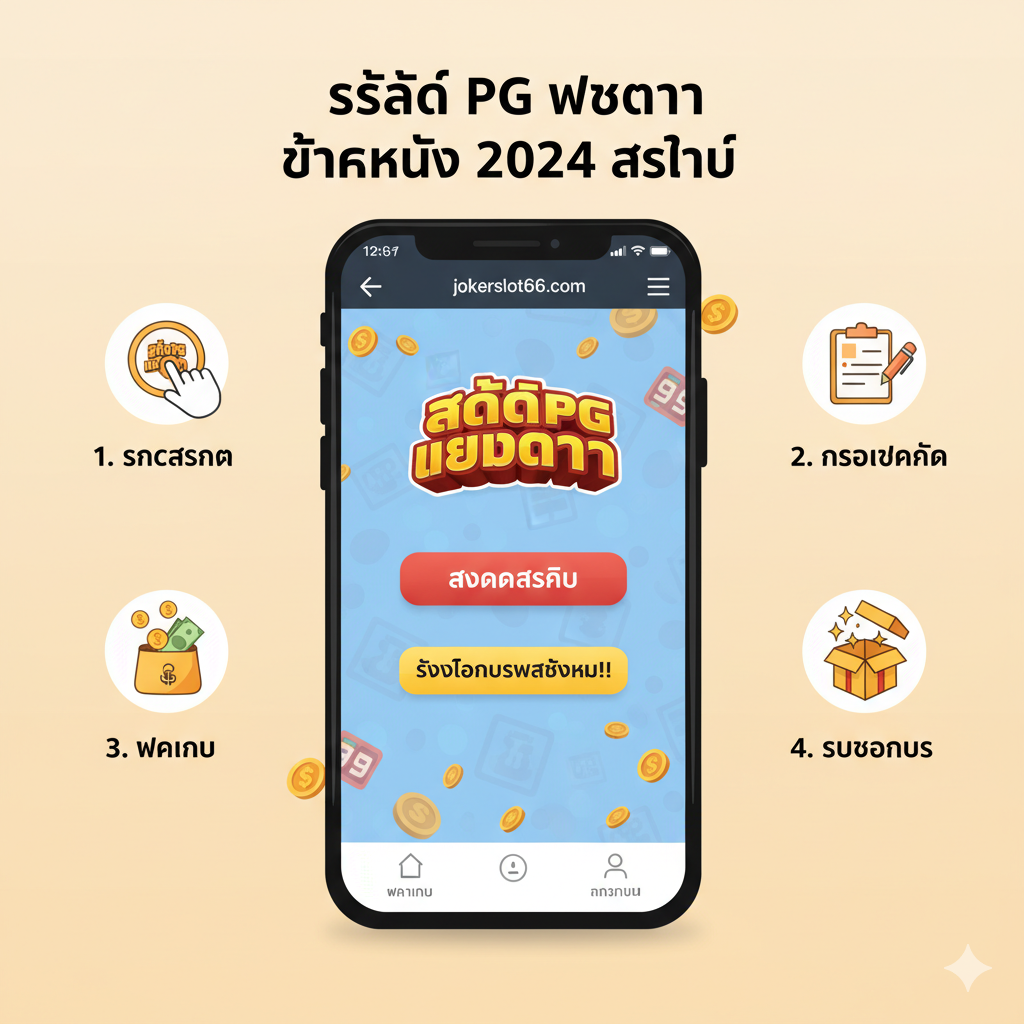 教程指导图，聚焦于“สมัครสมาชิก”และ“รับโบนัส/โปรโมชั่น”。ภาพควรเป็น流程图或步骤指示的方式，风格友好易懂。主体是一部智能手机界面，屏幕上显示jokerslot66.com的注册页面和“รับโบนัสสูงสุด”的按钮。周围有小图标表示关键步骤：1.点击สมัคร (Click to register)，2.กรอกข้อมูล (Fill info)，3.ฝากเงิน (Deposit)，4.รับโบนัส (Get Bonus)。色彩应采用暖色调，例如黄色和红色，突出促销的吸引力，指导用户如何快速开始并获得โปรสมาชิกใหม่。