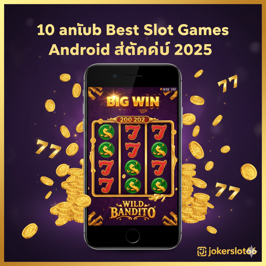 ภาพหน้าปกสไตล์ Thai Casino/Mobile Gaming ที่ดึงดูดสายตาอย่างแรง สีหลักคือสีทอง สีม่วงเข้ม และสีเขียวมรกต. องค์ประกอบหลักคือ โทรศัพท์มือถือ Android (แนวตั้ง) แสดงหน้าจอเกมสล็อต 'Wild Bandito' หรือ 'Slot Roma X' ที่มีสัญลักษณ์ 'BIG WIN' หรือ 'Jackpot' สว่างวาบอยู่ด้านบน. มีเหรียญทองและสัญลักษณ์ 777 กระจายอยู่รอบๆ โทรศัพท์. มีข้อความเน้นย้ำขนาดใหญ่เป็นภาษาไทยว่า '10 อันดับ Best Slot Games Android แตกง่าย 2025' และโลโก้ 'jokerslot66' ขนาดเล็กที่มุมล่างขวา เพื่อสร้าง Trust Factor และความน่าเชื่อถือ.