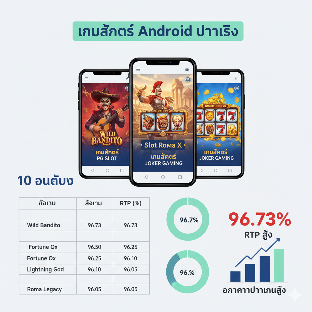 ภาพประกอบส่วนที่เน้นตาราง '10 อันดับ' และ RTP สูง. ภาพควรเป็นกราฟิกสไตล์ Infographic ที่สะอาดตาและทันสมัย สีฟ้า/เขียวมิ้นท์/ขาว. องค์ประกอบหลักคือหน้าจอโทรศัพท์ Android แนวตั้ง 3-4 เครื่อง เรียงกัน โดยแต่ละหน้าจอแสดงชื่อเกมสล็อตยอดนิยมจาก PG Slot (เช่น Wild Bandito) และ Joker Gaming (เช่น Slot Roma X). ด้านข้างมีกราฟแท่งหรือวงกลมเล็กๆ ที่แสดงค่า RTP สูงกว่า 96% พร้อมตัวเลข '96.73%' หรือ 'High RTP' เน้นด้วยสีแดงสด. สื่อถึงการจัดอันดับและอัตราการจ่ายเงินสูงบนมือถือ.