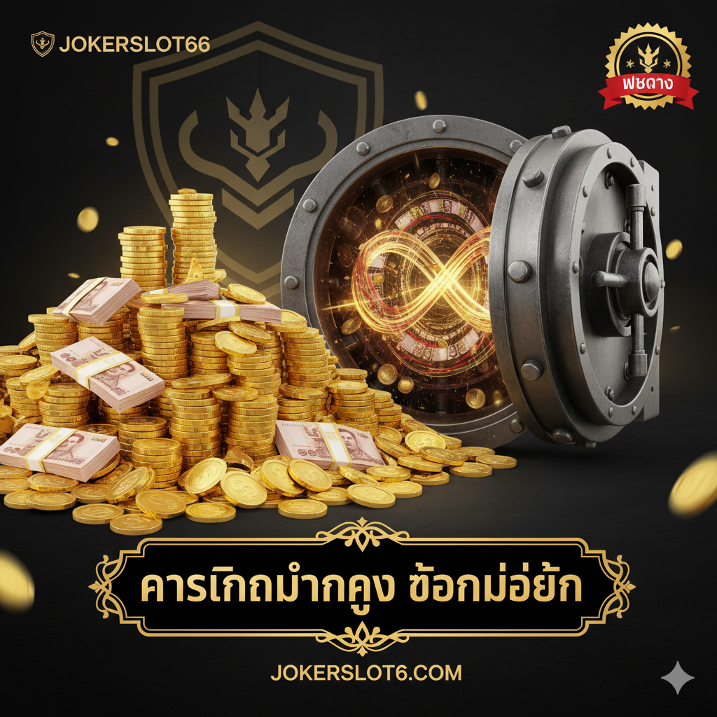 优势特点图,强调JOKERSLOT66的“การเงินมั่นคง ถอนไม่อั้น (Financial Stability, Unlimited Withdrawal)”核心优势。图片应充满信任感和权威感。主视觉是一个堆叠如山的金色硬币或泰铢,旁边是一个巨大的、敞开的保险箱或一个支票簿,象征着“ถอนไม่อั้น (Unlimited Withdrawal)”。背景可以加入JOKERSLOT66的Logo或代表“เว็บตรง (Direct Web)”的盾牌/认证标志。色彩以金、黑、紅为主,营造出财富和信誉感。构图采用对比方式,强调无限制(无限符号)与传统有上限的对比。