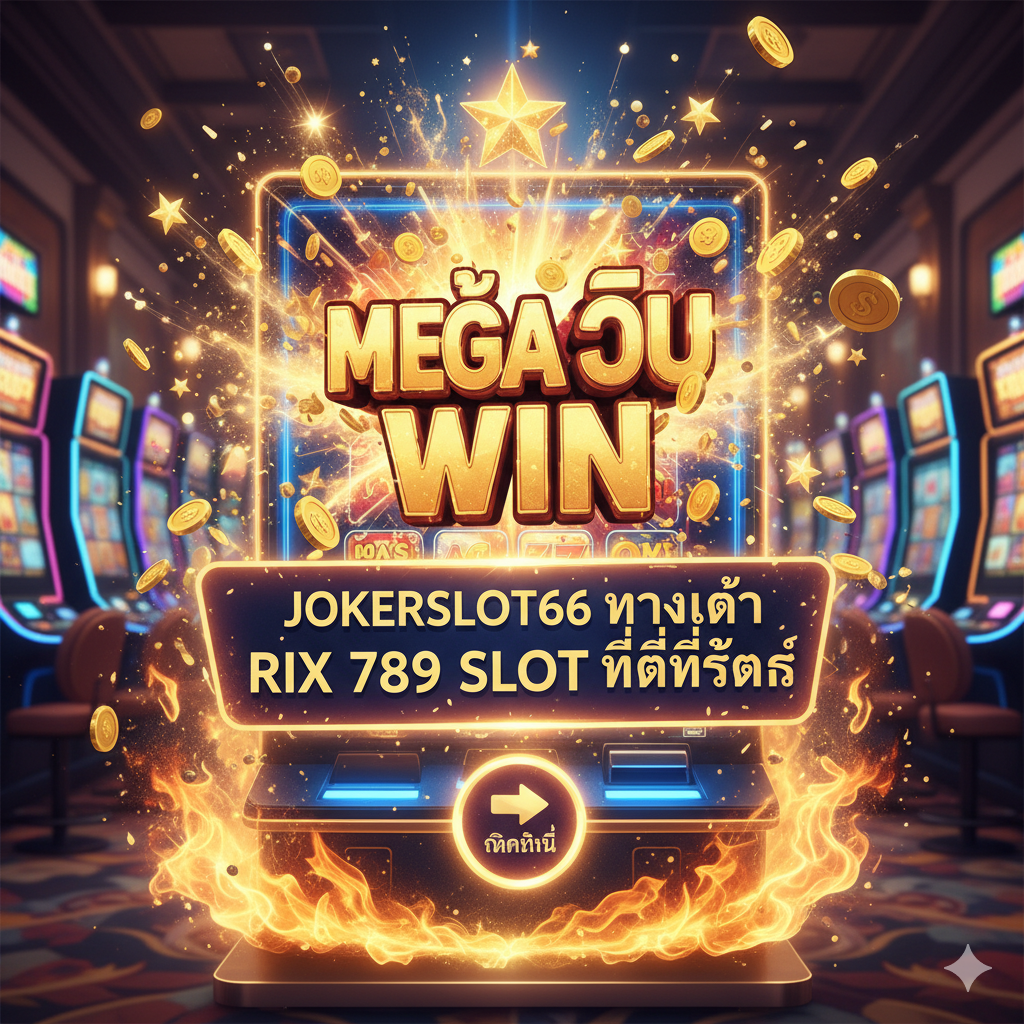 总结图，作为文章的收尾和行动号召。图片应是一个胜利、奖励的场景。一个正在爆发大奖的老虎机屏幕，显示巨大的“BIG WIN”或“MEGA WIN”泰文，下方是“JOKERSLOT66 ทางเข้า RIX 789 SLOT ที่ดีที่สุด (JOKERSLOT66 The Best RIX 789 SLOT Entrance)”的口号。周围有星星、闪光和火焰的特效，增加视觉冲击力。图片中央可以有一个“CLICK HERE”或指向性强的按钮图标，鼓励用户立即行动。整体风格为高饱和度、令人兴奋的娱乐场主题，强调最终的成功和选择的正确性。