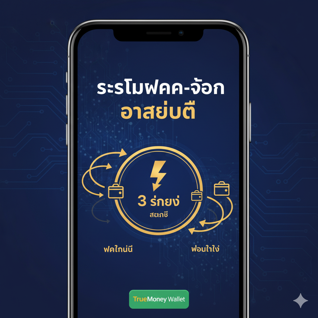 功能图片聚焦于“Auto Wallet”和“True Wallet”的便捷性。图片主体是一个智能手机屏幕或数字钱包界面,屏幕内展示“3 วินาที (3 Seconds)”的计时器或闪电符号,强调极速交易。背景使用蓝色或科技感的色调,象征效率和自动化。视觉元素包括TrueMoney Wallet的标志和金钱快速流转的箭头,清晰地传达“lagalaxy slot wallet”系统的核心优势:快速、便捷、无障碍的存取款体验。