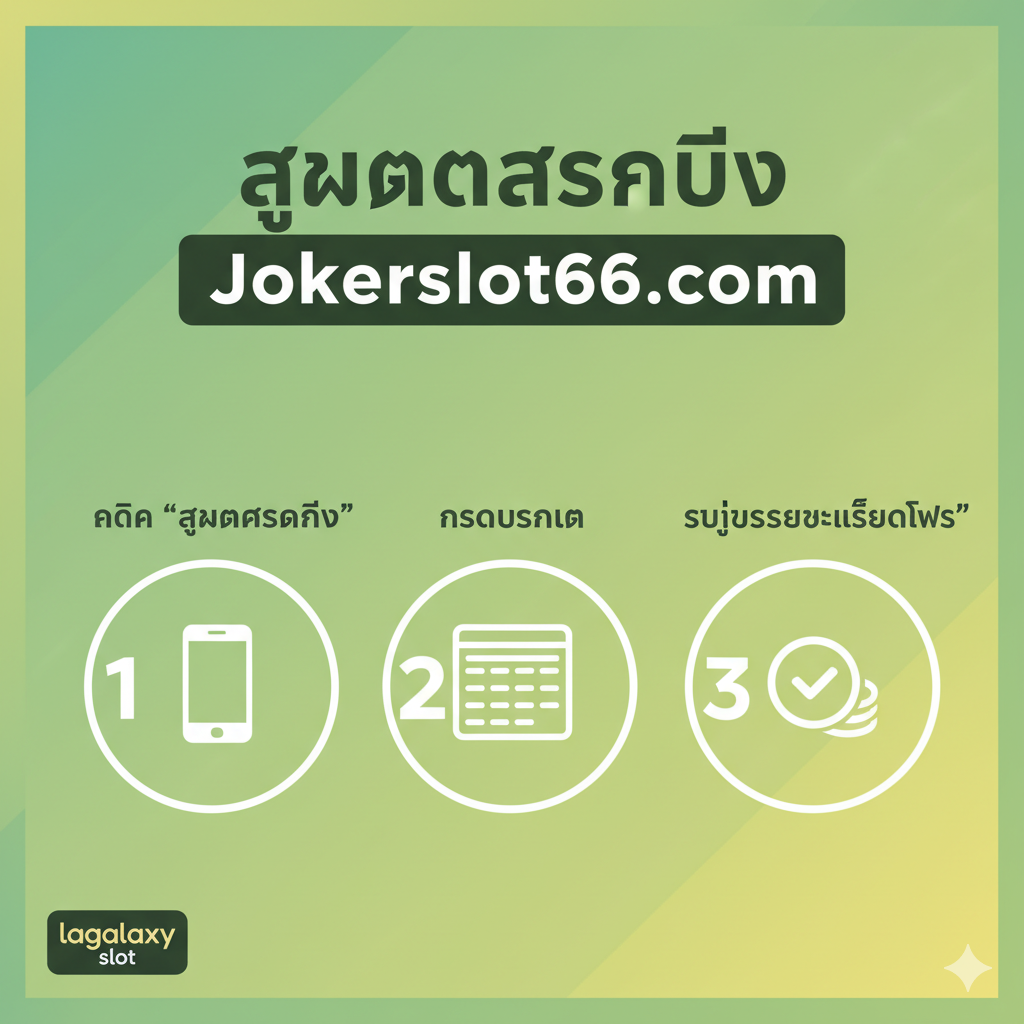 一张清晰易懂的教程指导图,展示“สมัคร (Register)”的3个步骤流程。使用数字标签(1, 2, 3)来引导用户。步骤1是一个手机图标,上方写着“คลิก 'สมัครสมาชิก'”。步骤2是一个表格图标,表示“กรอกข้อมูล (Fill in info)”。步骤3是一个打勾符号或金币图标,表示“รับยูสเซอร์และเครดิตฟรี (Get User and Free Credit)”。整体风格应简洁、明亮,背景可采用柔和的绿色或黄色,增强信任感และ易操作性。