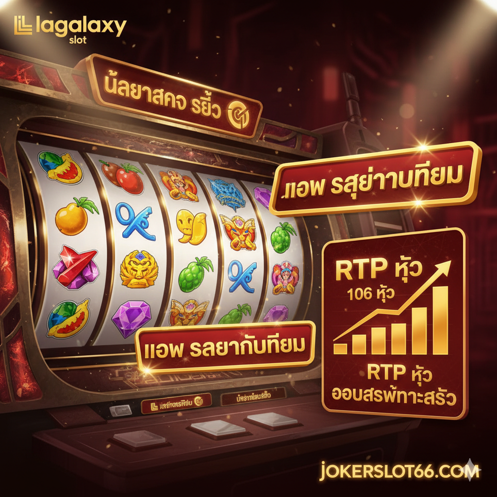 优势图片强调游戏多样性และ高RTP。主视觉是一个巨大的老虎机卷轴，卷轴上展示着各种主题的符号（例如水果、宝石、神话人物），象征“เกมหลากหลายธีม (Diverse Themes)”。画面一角用醒目的图表或向上箭头的指标，标明“RTP สูง (High RTP)”或“โอกาสชนะสูง (High Win Chance)”。配色应充满活力和兴奋感，如红色和金色，营造出致富机会和公平性的视觉感受，展示lagalaxy slot作为游戏平台的吸引力。