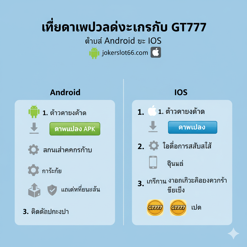 ภาพกราฟิกแบบ Infographic ที่แสดงขั้นตอนการดาวน์โหลดและติดตั้งแอป GT777 สำหรับ Android และ iOS อย่างง่าย ๆ ใน 3 ขั้นตอน (3.1 & 3.2) ใช้พื้นหลังสีอ่อน มีไอคอนของระบบปฏิบัติการ Android (หุ่นยนต์เขียว) และ Apple (โลโก้แอปเปิล) แบ่งเป็นสองส่วนชัดเจน แต่ละขั้นตอนมีหมายเลข 1, 2, 3 และไอคอนที่เกี่ยวข้อง เช่น ไอคอน 'Download APK' (ลูกศรลง), ไอคอน 'Settings' (ฟันเฟือง), และไอคอน 'Security/Trust' ภาพควรดูสะอาดตาและเข้าใจง่าย เพื่อช่วยนำทางผู้ใช้ที่กำลังประสบปัญหา 'gt777 ดาวน์โหลด ไม่ได้'
