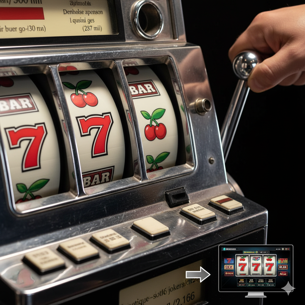 用于突出文章中对经典老虎机特征的描述,特别是'One-Armed Bandit'和'3 Reel 777'的传承。图片应展示一个特写镜头,聚焦于一个老式老虎机上的三个旋转中的卷轴,卷轴上是经典的BAR、樱桃和巨大的'777'符号。旁边有一只手正要拉动或已经拉动了机器的巨大镀铬侧拉杆。风格要强调金属的光泽和机械的精细度,色彩鲜明,对比强烈。下方角落可以嵌入一个小的、精致的jokerslot66在线3轮老虎机界面截图,展示其对经典符号的还原,用箭头连接两个画面,象征特征的继承。