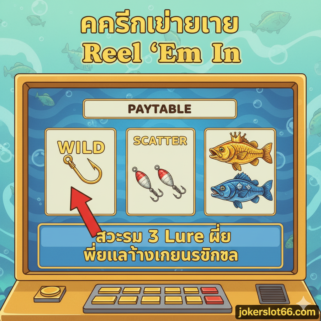 ภาพประกอบคำแนะนำและสัญลักษณ์สำคัญของเกม Reel 'Em In แสดงตารางสัญลักษณ์หลัก (Paytable) อย่างง่ายๆ โดยมีสัญลักษณ์ Wild, Scatter (เหยื่อตกปลา), และสัญลักษณ์ปลาที่มีมูลค่าสูง (เช่น ปลาสีทอง/สีน้ำเงิน) วางเรียงกันในกรอบที่ดูเหมือนหน้าจอวิดีโอสล็อตคลาสสิก มีลูกศรชี้ไปยังสัญลักษณ์ Scatter พร้อมข้อความสั้นๆ เป็นภาษาไทยว่า 'สะสม 3 Lure เพื่อเข้าสู่โบนัสตกปลา' ในรูปแบบตัวอักษรย้อนยุค (Retro Font) เน้นความเข้าใจง่ายและชัดเจน